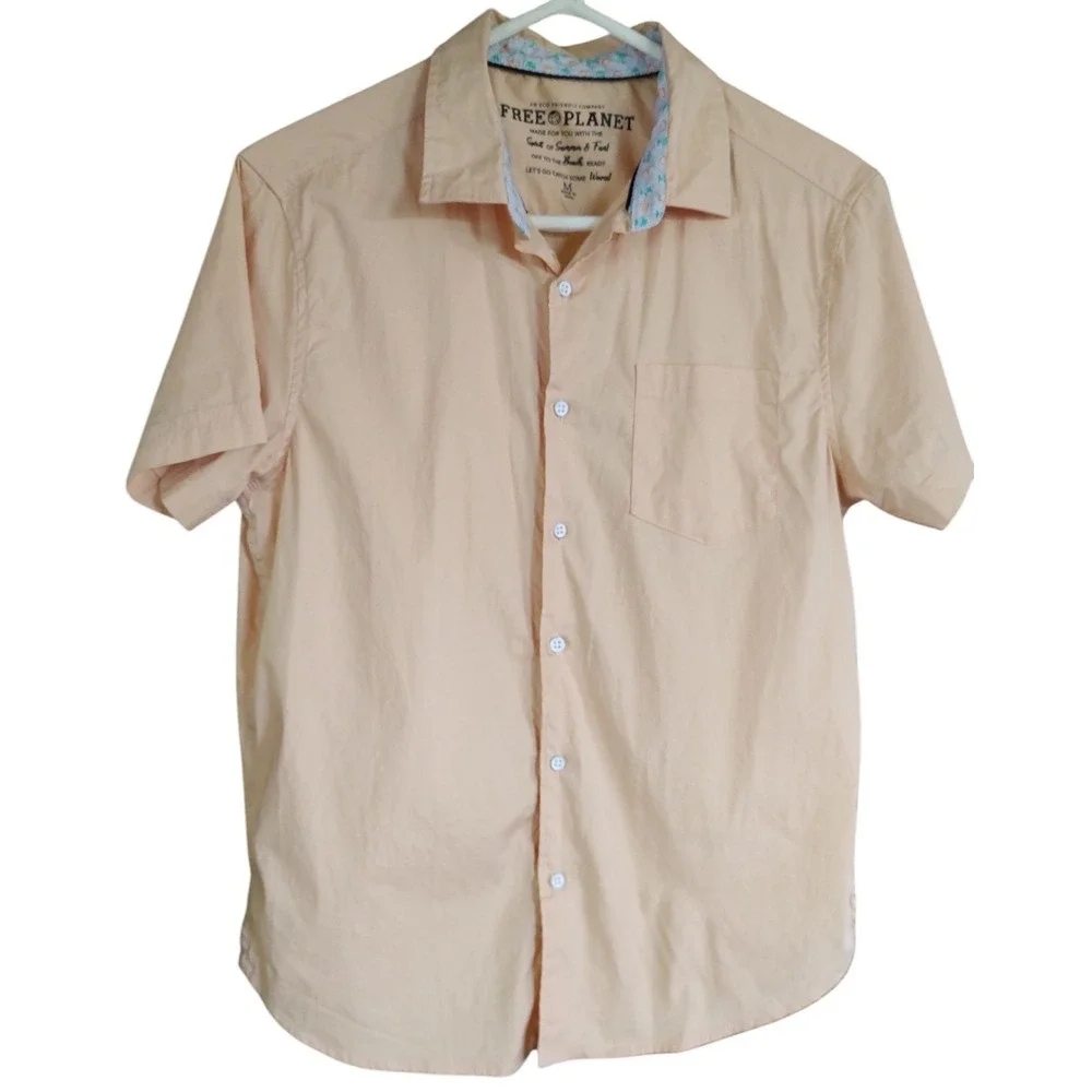Free Planet Peach Shirt Woven Button Front Short Sleeves Cotton Mens Size Medium